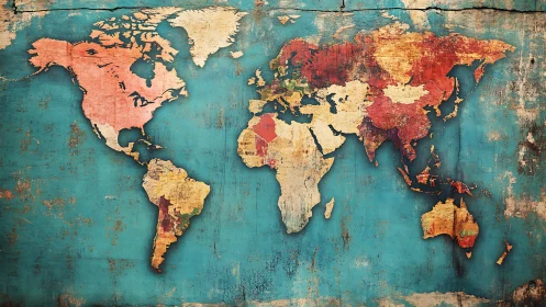 Vintage textured world map glows against distressed teal wall
