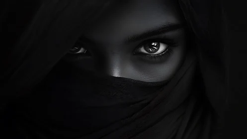 Mystic eyes emerging from midnight folds of shadowed cloth.