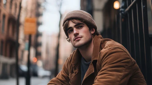Warm city pause with a thoughtful young man in brown coat.