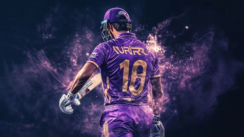 Cricket hero strides forward in glowing purple energy storm.
