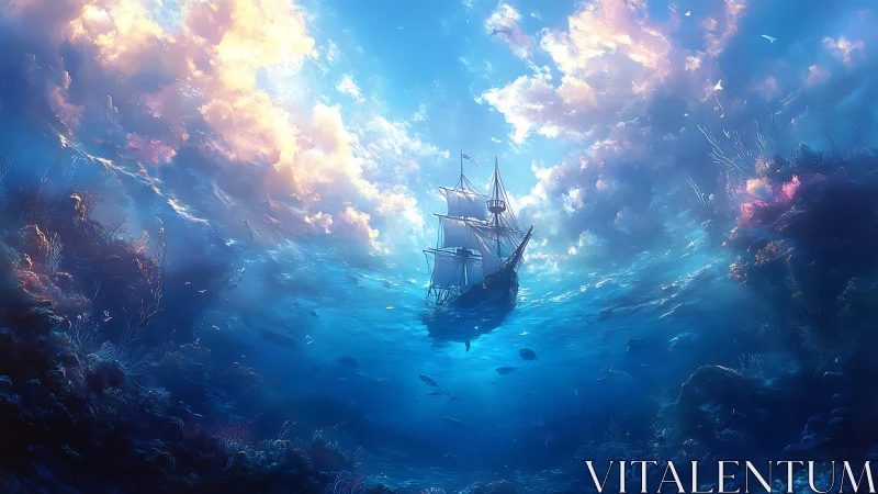 Sailing ship suspended between refracted seascape and luminous sky