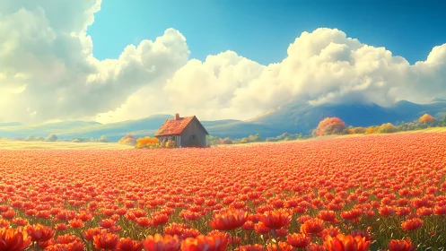 Tiny roofed dream floats in an endless tide of orange blooms