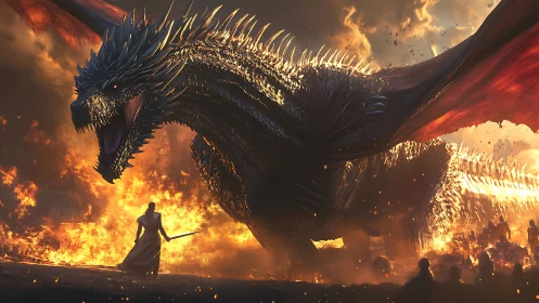 Volcanic battlefield confrontation with macro‑scaled dragon unit.