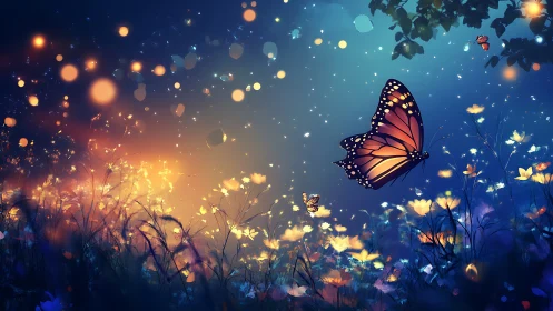 Gentle monarch butterfly drifting through a glowing twilight meadow.