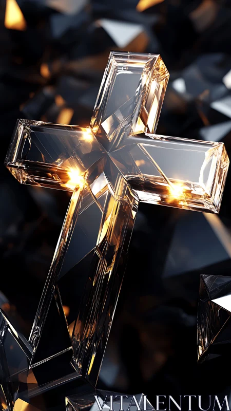 Transparent crystal cross structure with internal reflections.
