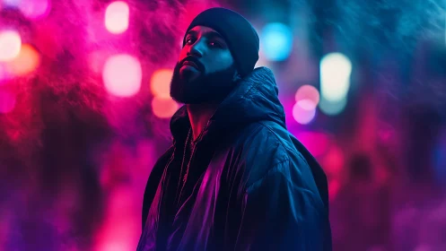 Man in hooded jacket under neon city lights at night.