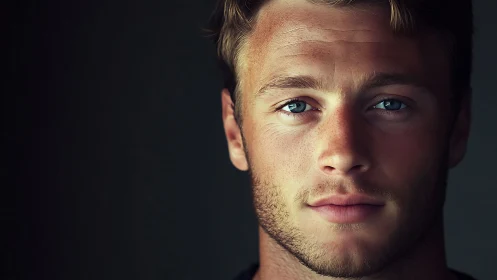 Close-up male portrait with side lighting on dark backdrop.