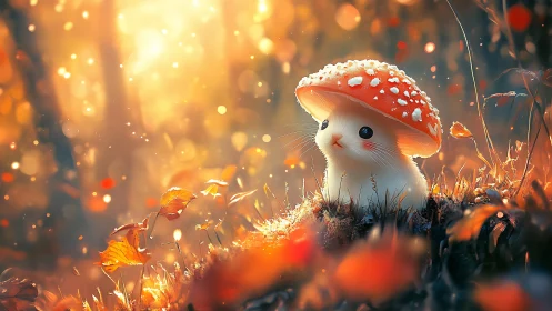 Small creature under mushroom cap in warm forest light.