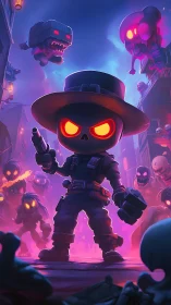 Neon-lit chibi gunslinger confronts glowing-eyed monsters in alley