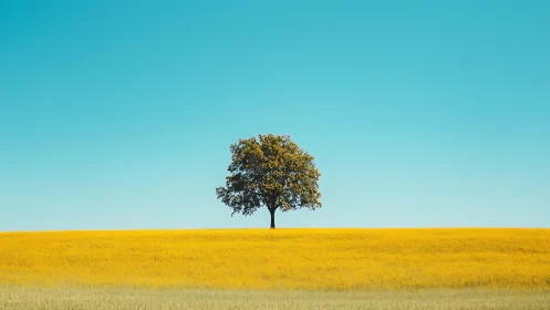 Solitary tree on golden field under cyan gradient sky.