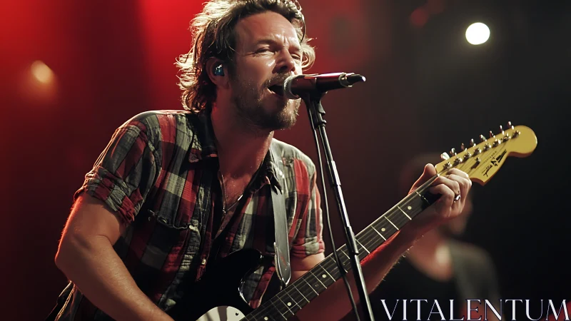 Plaid shirt guitar howl under molten red stage lights.