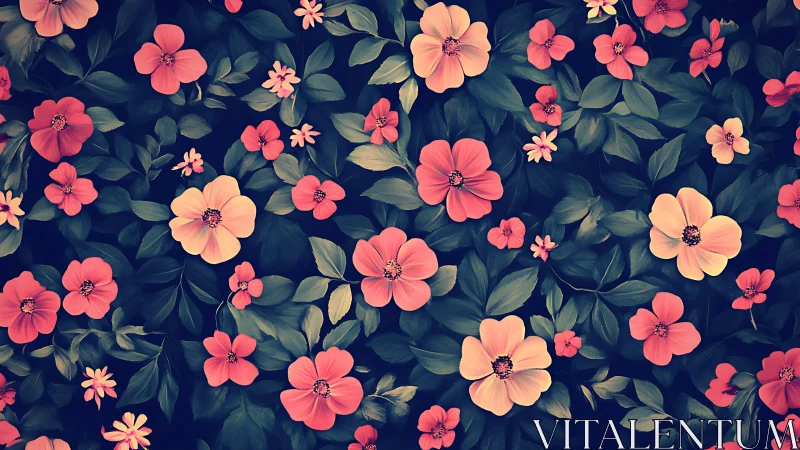 Coral Layered Botanical Illustration with Layered Depth and Navy Background