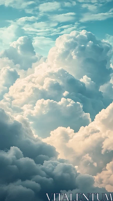 Towering sunlit cumulus clouds rise through blue sky
