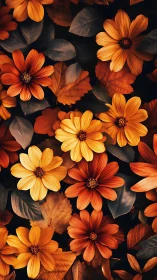 Orange daisy flowers with dark foliage arranged on black background