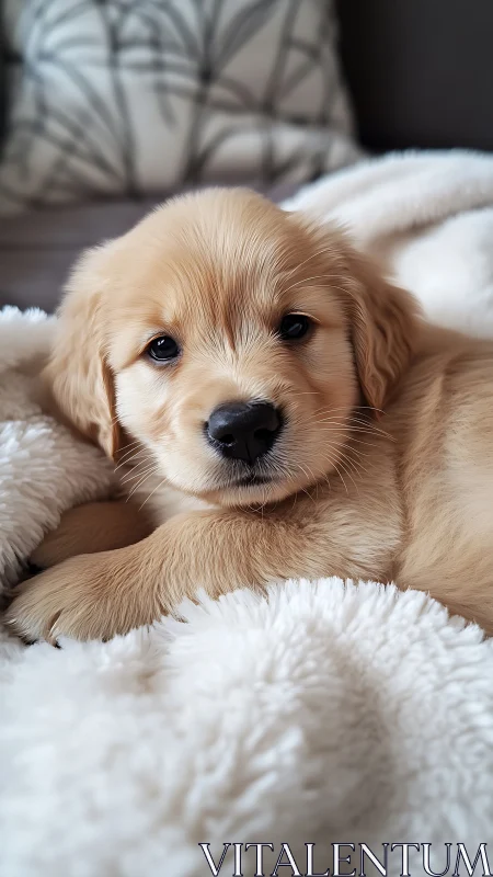 Golden retriever puppy rests on textured fleece with shallow focus