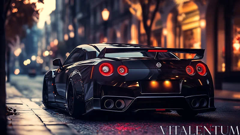 Black Nissan GT-R parked on wet city street at dusk