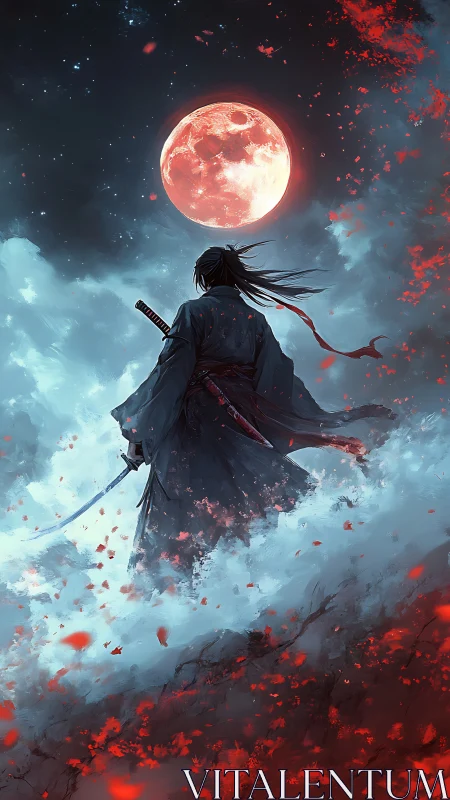 Lone samurai silhouette under crimson moon and drifting cinders