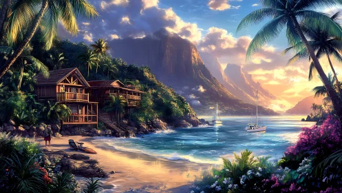 Tropical Island Coastal Haven with Moored Sailboats and Dramatic Limestone Peaks.