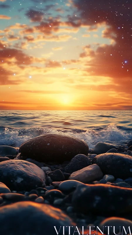 Rocky shoreline sunset under glowing starry sky.