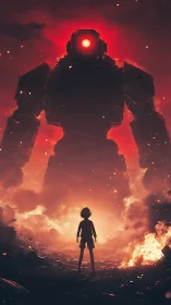 Child confronts towering war mech in burning wasteland.