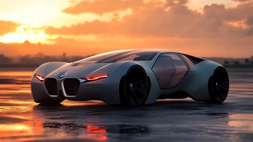 Futuristic BMW concept supercar under vivid sunset sky.