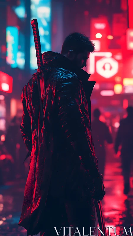 Neon street ronin stalks through rain-soaked cyber city night.