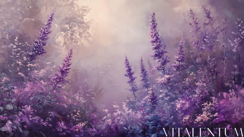 Lavender meadow rises through soft lilac morning mist.