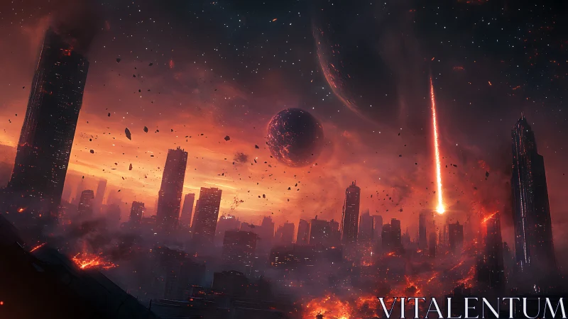 Fiery meteor storm engulfs a futuristic city in ruin.