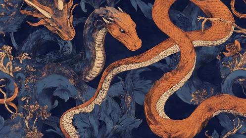Coiled dragons drift through deep blue floral fantasy night