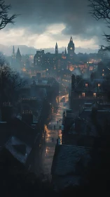 Foggy historic city street with illuminated evening windows.