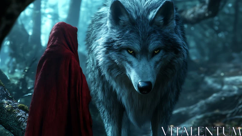 Photorealistic forest standoff of cloaked figure and wolf.