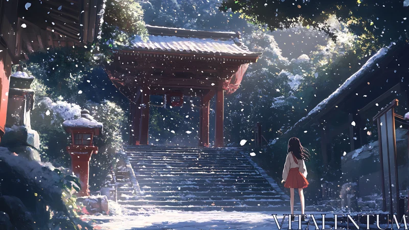 Snowfall illuminates stepped shrine approach with backlit anime figure