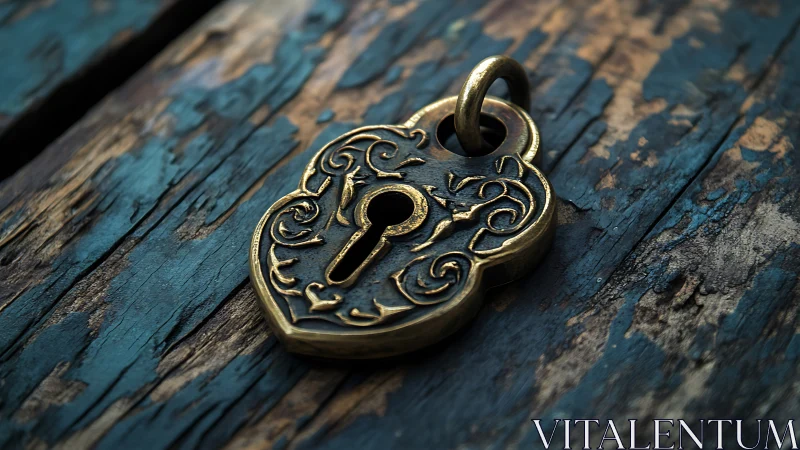 Ornate brass padlock rests on worn painted wooden boards