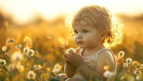 Toddler in Flower Field at Golden Hour