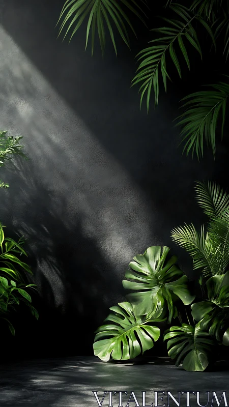 Directional light sculpts tropical foliage against matte wall