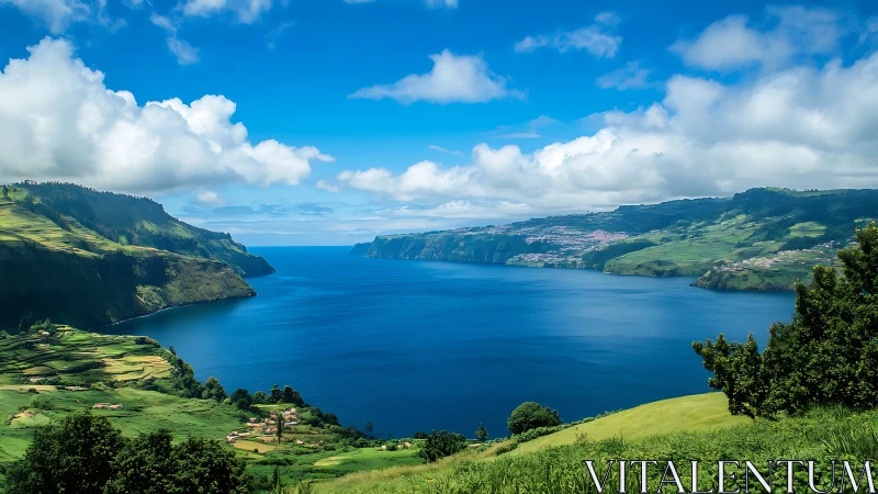 Emerald coastal cliffs embracing deep blue ocean bay.