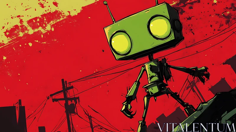 Neon-eyed scrapyard robot strides across a crimson sky