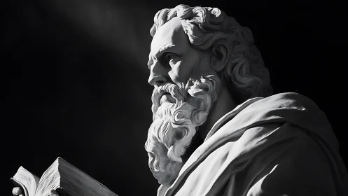 Marble philosopher bust in raking chiaroscuro illumination.