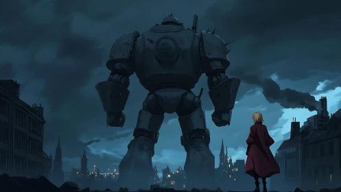 Anime mecha standoff in moody industrial skyline composition.