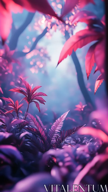 Neon jungle hushes beneath cotton-candy twilight haze