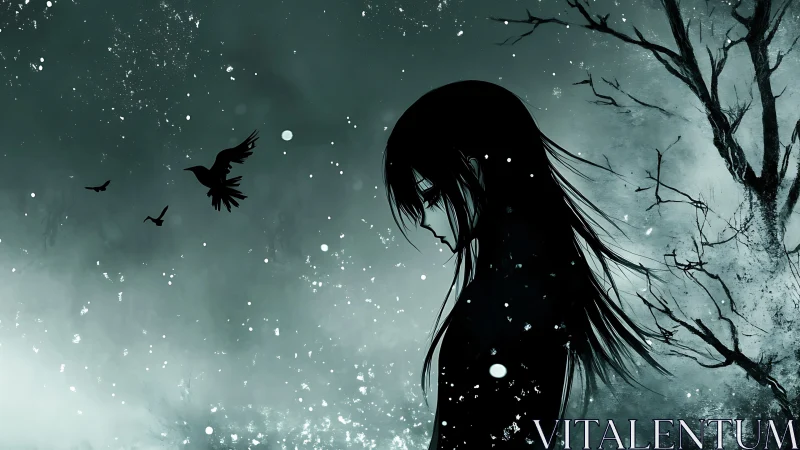 Solitary anime girl silhouettes against winter night sky