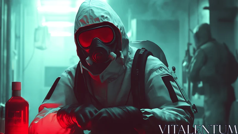 Hazmat sentinel in neon lab glow, waiting out the unknown.