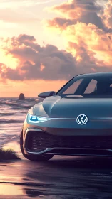 Electric Volkswagen concept car at cinematic sunset shore.