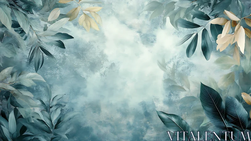 Muted botanical foliage surrounds a pale central background