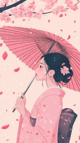 Profile illustration of kimono girl under cherry blossoms.