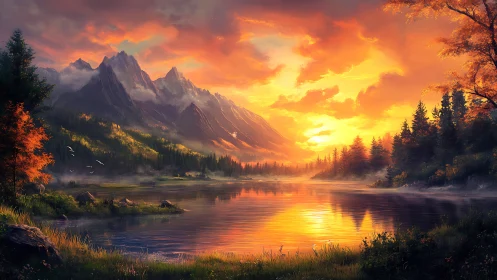 Radiant alpine sunset illuminates tranquil reflective lake