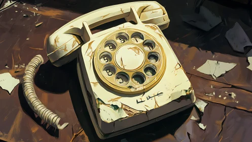 Rotary telephone lies cracked on worn surface in decay