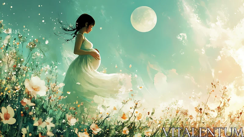 Pregnant woman in moonlit flower field embraces quiet hope.