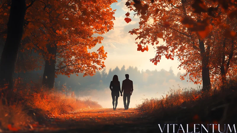 Silhouetted Couple Walking Through Autumn Forest Path