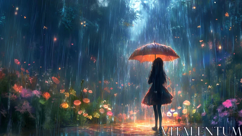 Girl under glowing umbrella in luminescent rain garden.